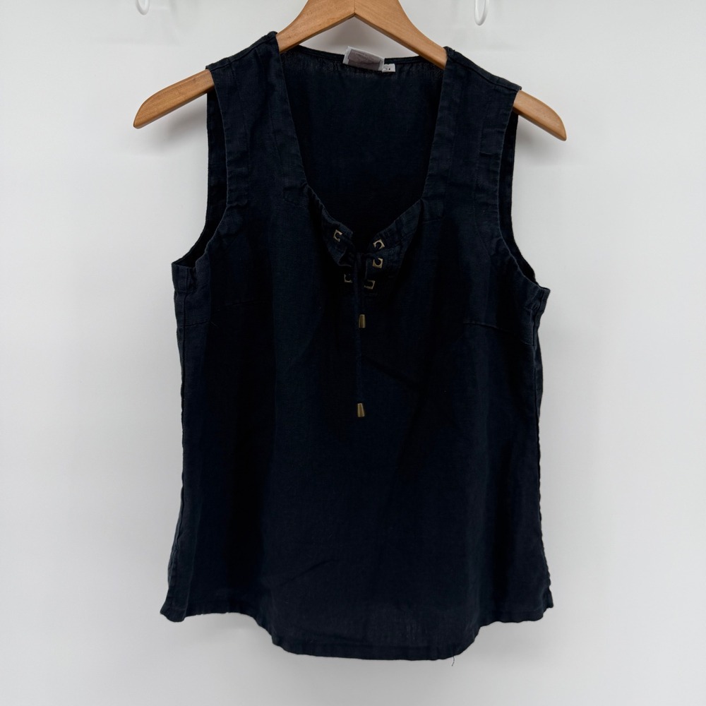 Hot Cotton Black 100% Linen Lace Up Sleeveless Top Tank Grommet Detail Medium